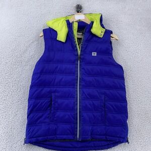 Armani Junior Hooded Puffer Vest Youth 16Y Blue Sleeveless Zip Logo 6X4Q02